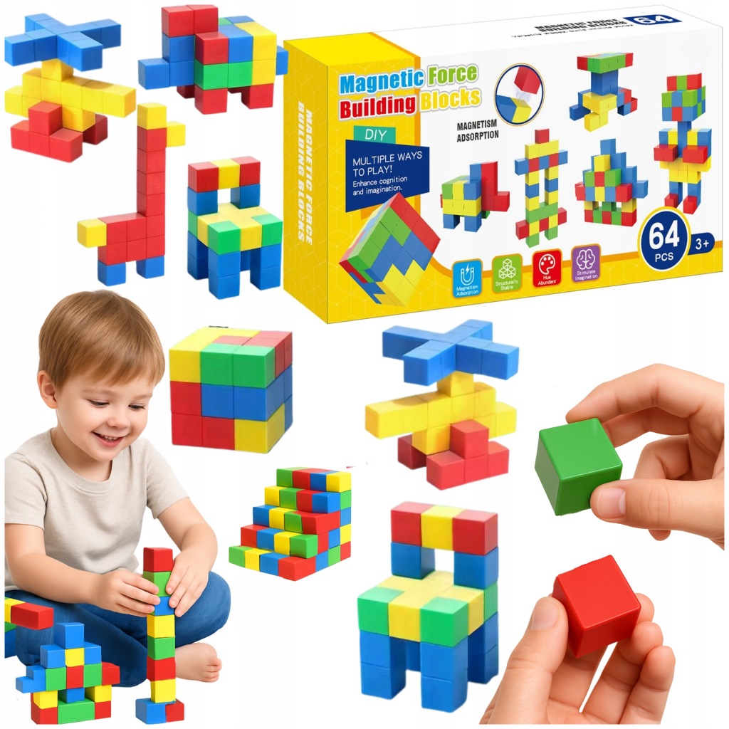 Stavebnice Kostka 2,5 CM Barevné S Magnety 64 Ele 3D Pro Děti