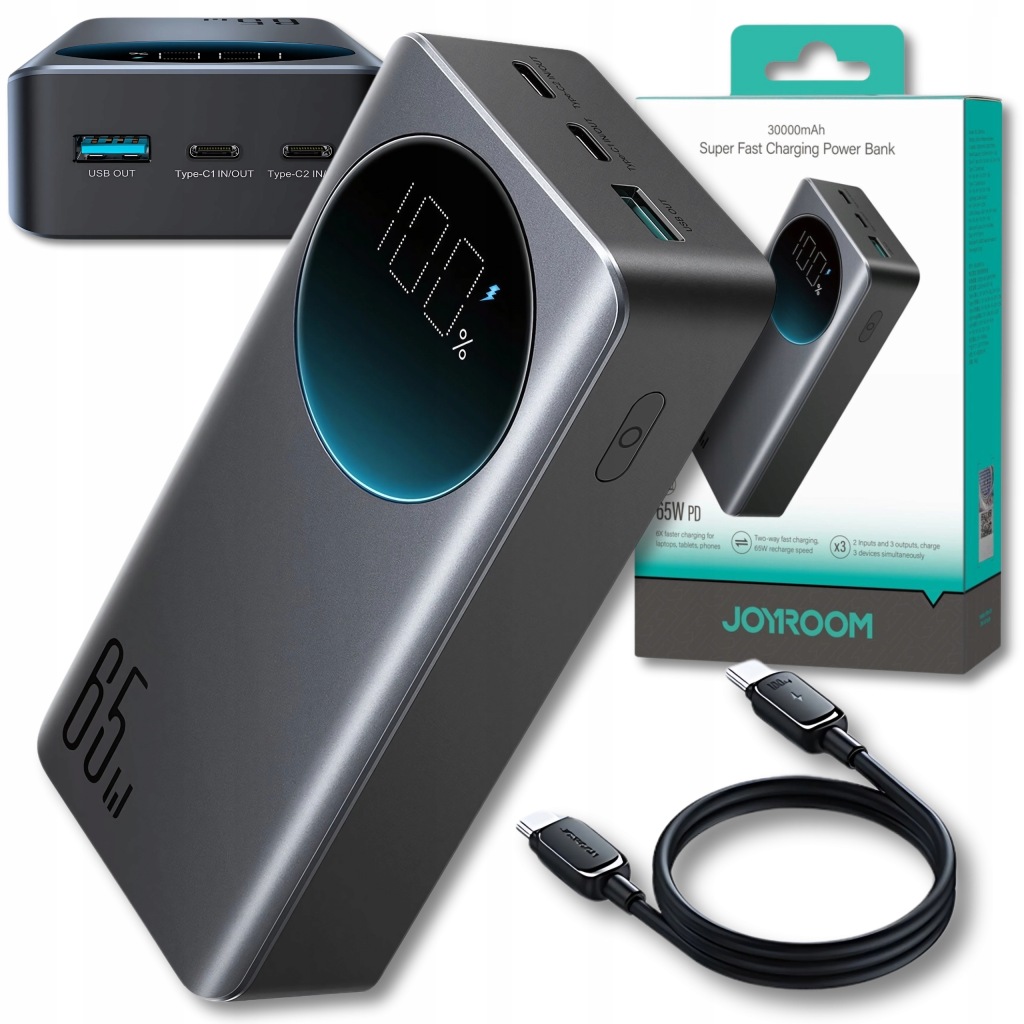 Výkonná Powerbanka 30000 mAh 65W Kapacitní Powerbanka Kabel Usb-c 100W Joyroom