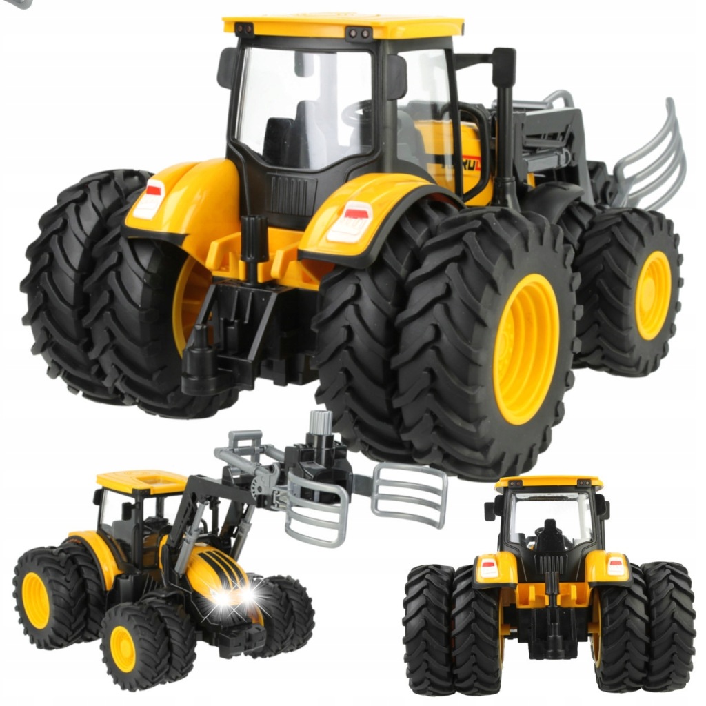 Traktor s tahem, zemědělský traktor s obrovskými světelnými pneumatikami, zvuky