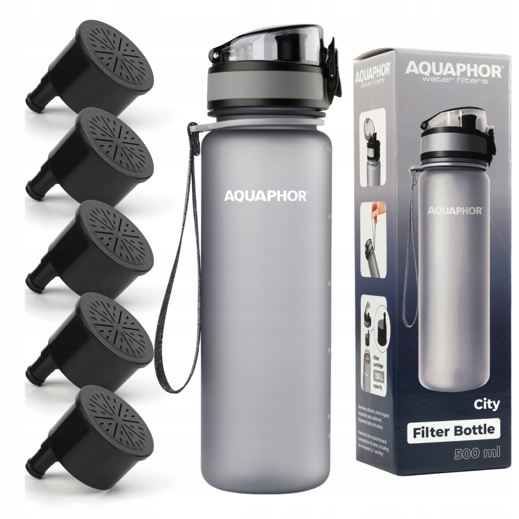 Aquaphor City Filtrační láhev na pitnou vodu 0,5 l Šedá, sada 5 filtrů