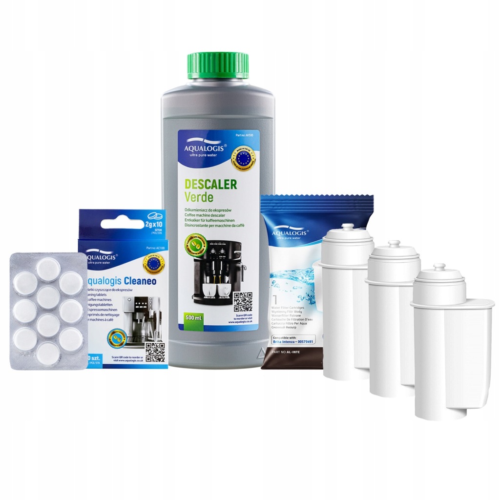 3x Vodní filtr Al-Inte pro kávovar Bosch Odvápňovač Verde 0,5L +Cleaneo