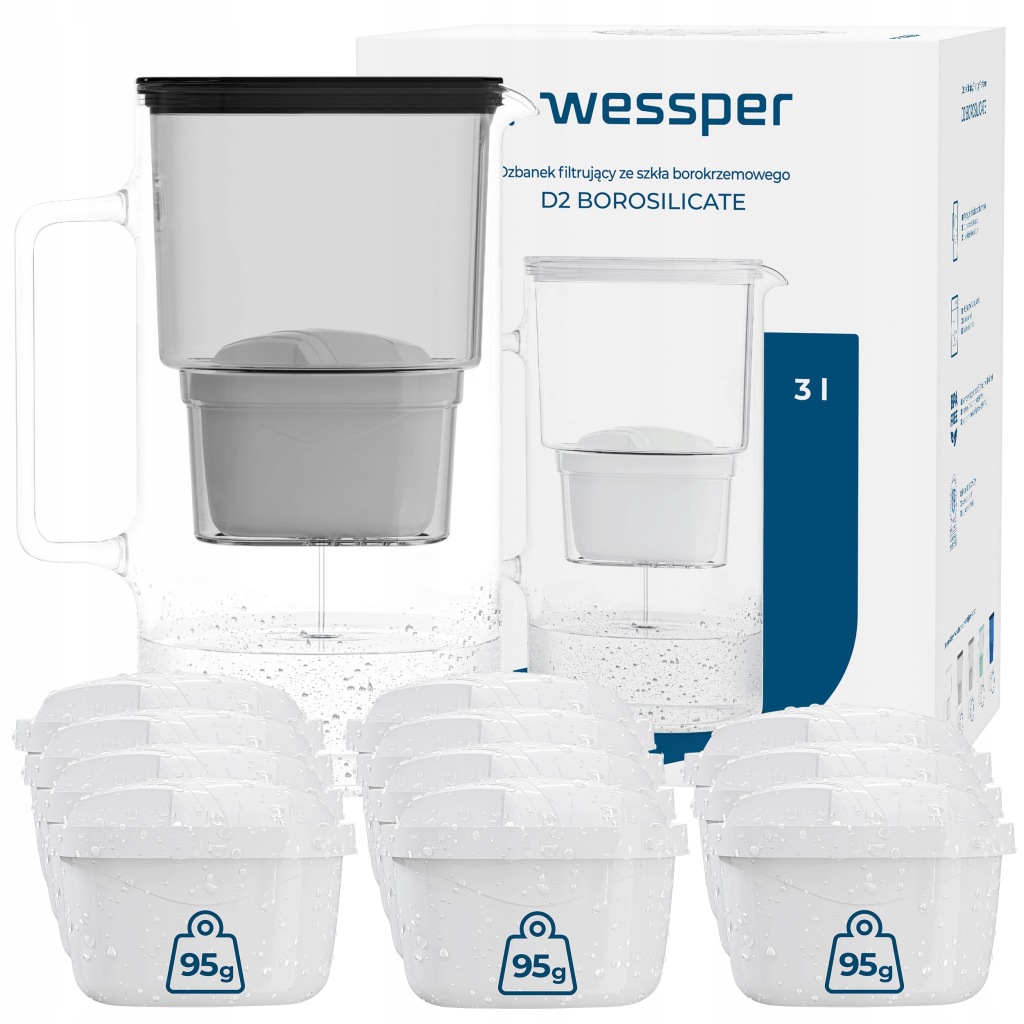 Skleněná Filtrační Konvice Wessper D2 Borosilicate 3 l 12 filtrů aquamax