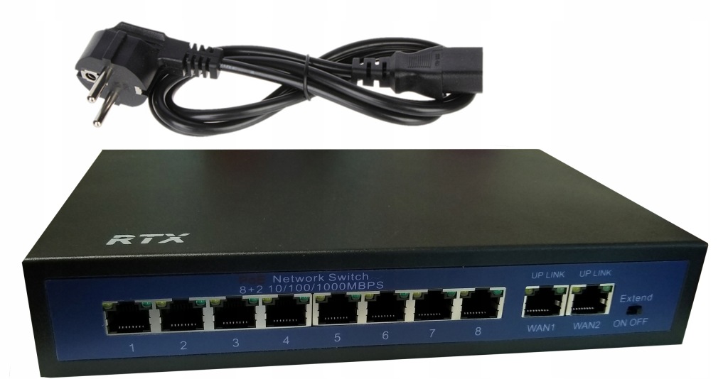 Switch Rtx 8 portů PoE do 250 m 2 porty Uplink