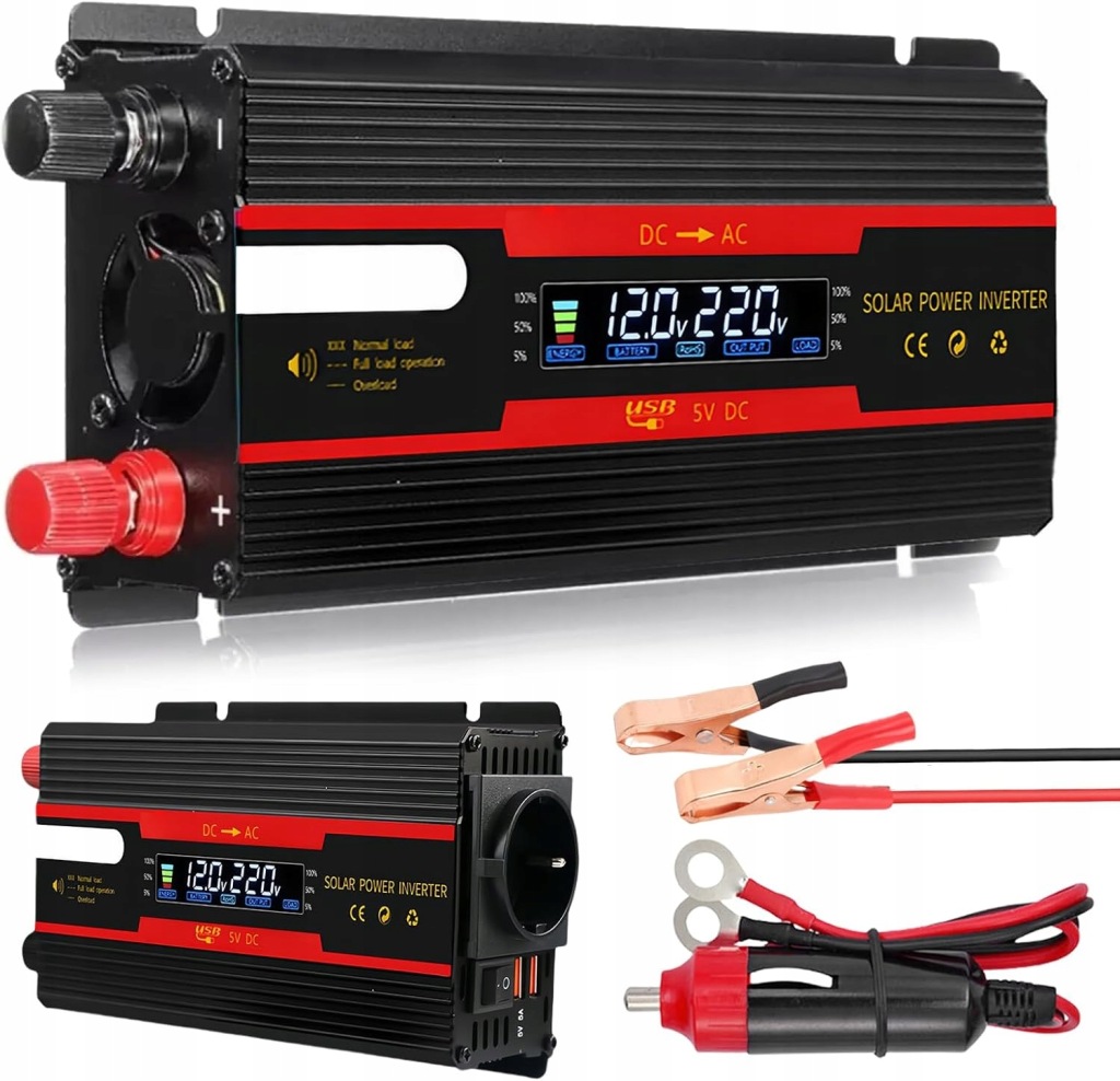 Měnič Napětí Napětí Automobilová 12V-230V 700W 2000W S 8 Bezpečnostními Prvky