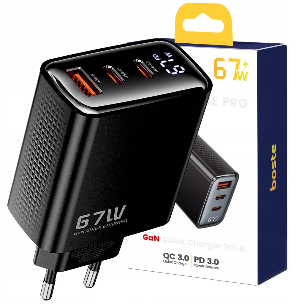 Boste Síťová Nabíječka 3 Porty Usb-c Usb-a 67W Qc Pd Bezpečný Napájecí Zdroj