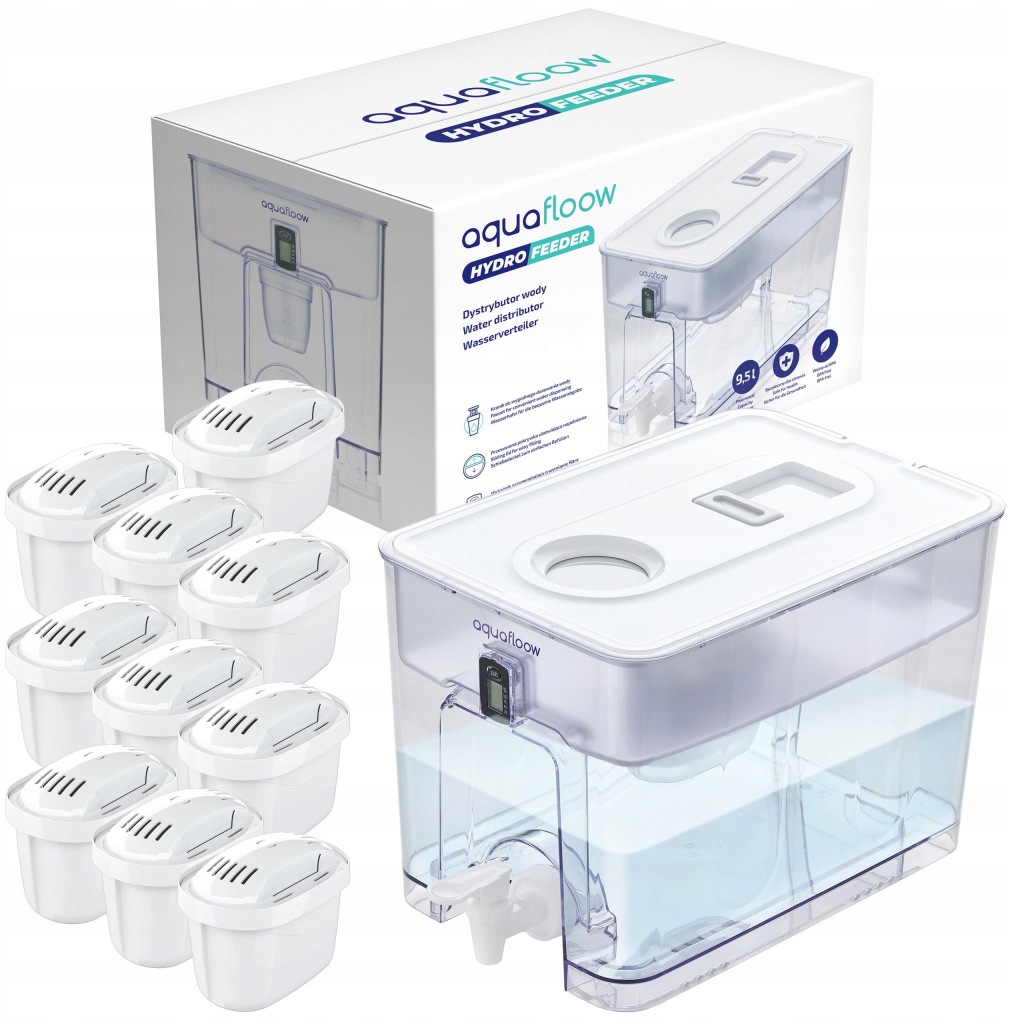 AquaFloow XL: filtrační konvice vody 9,5 l, velký filtrační konvice 10 x filtr na vodu
