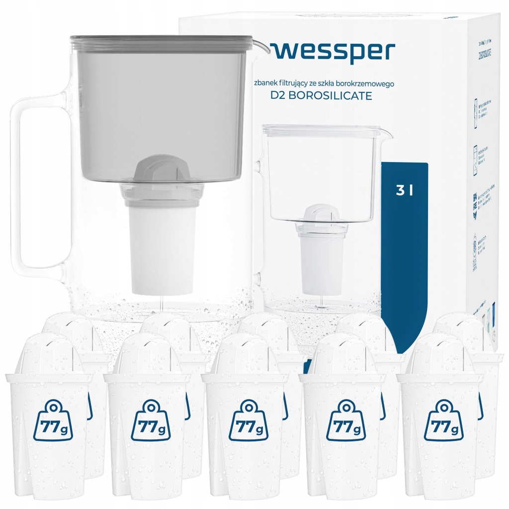 Skleněná filtrační konvice Wessper D2 Borosilicate 3 l šedá 11x filtr