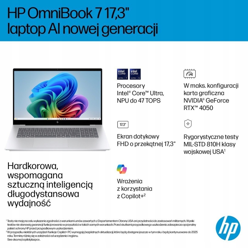 Aluminiowy HP OmniBook 7 NG AI 17 Ultra 7 258V 32GB 1TB FHD DOTYK WIN11PRO