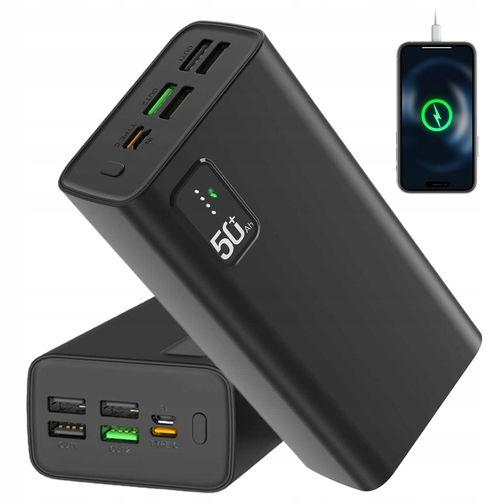 Silná powerbanka 30000 mAh černá pro rychlé nabíjení chytrých telefonů