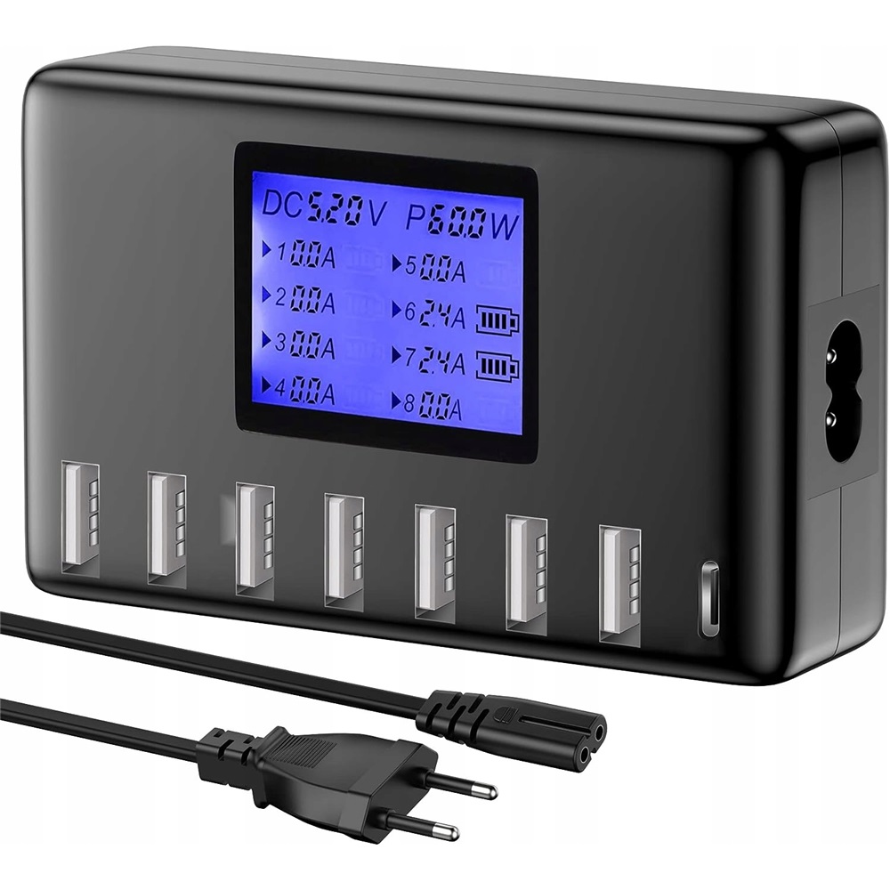 60W Rychlá Nabíječka S 8 Porty A LCD Displejem, Inteligentní Usb Typu C