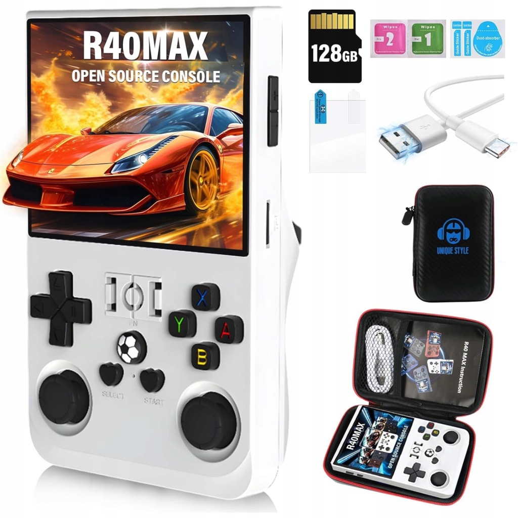 Přenosná Herní Konzole R36MAX Pro Retro Hry 20000+ Her Linux 64GB Gameboy Bílá
