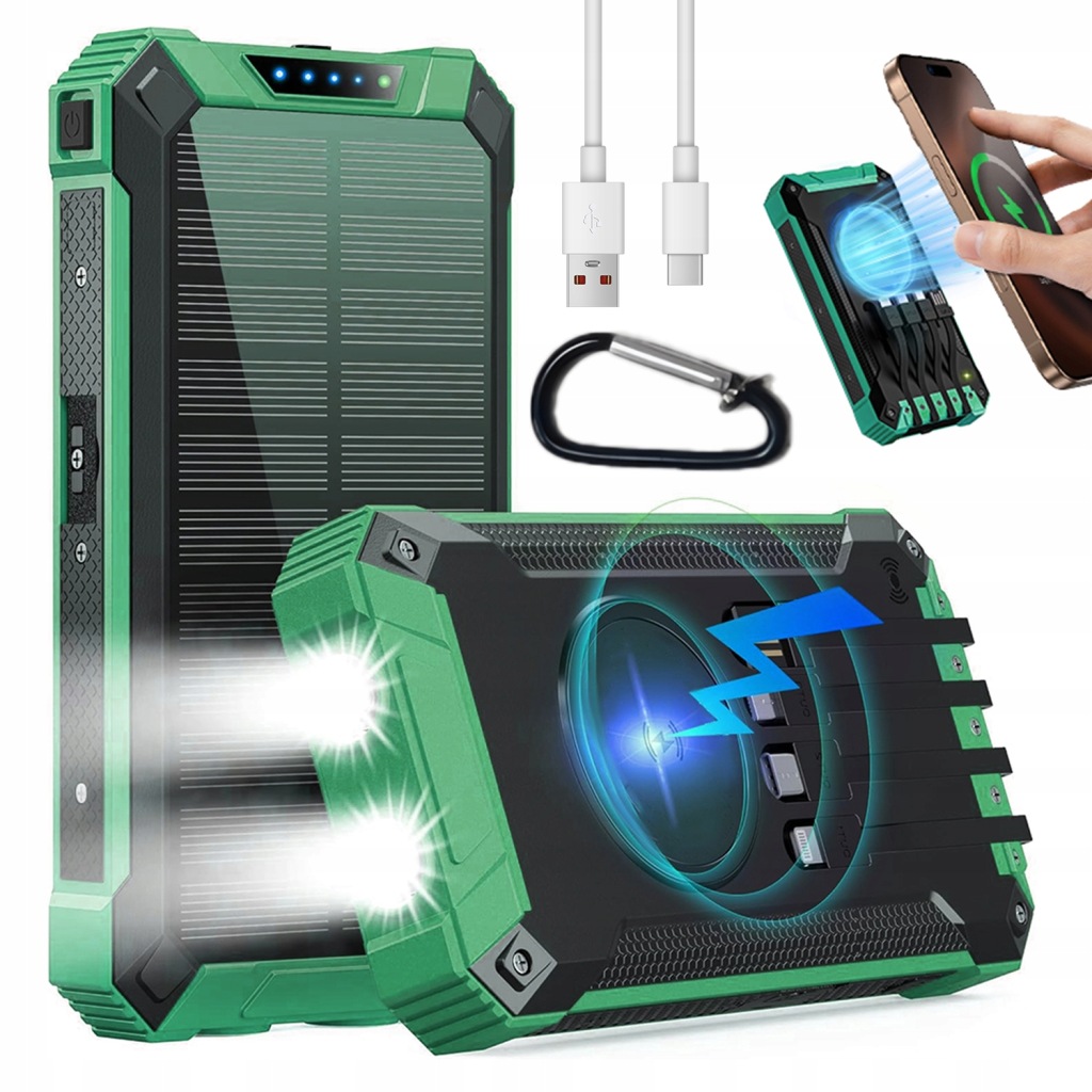 Solární Powerbanka 26800 mAh 4 Kabely S Bezdrátovým Nabíjením A Led Svítilnou