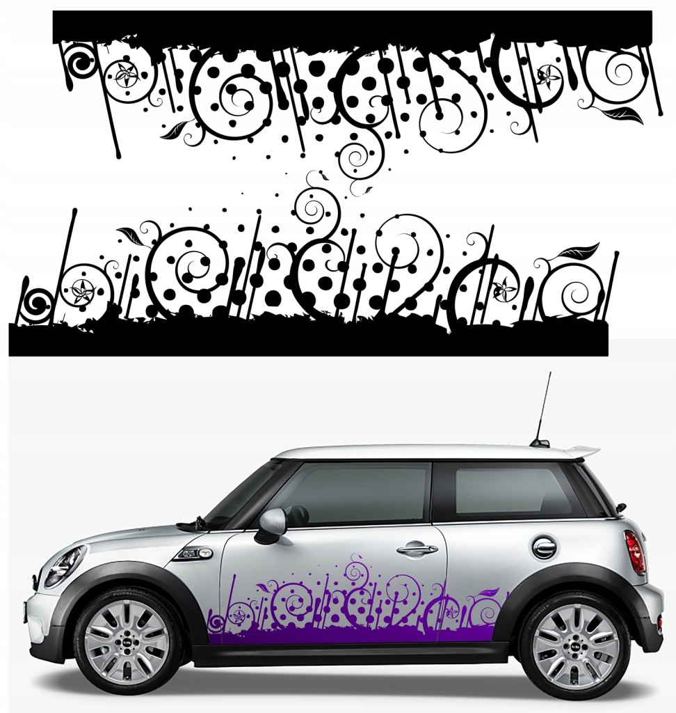 2x Samolepka Grafika na auto Boční Pruhy Mini Květiny Puntíky 190x56
