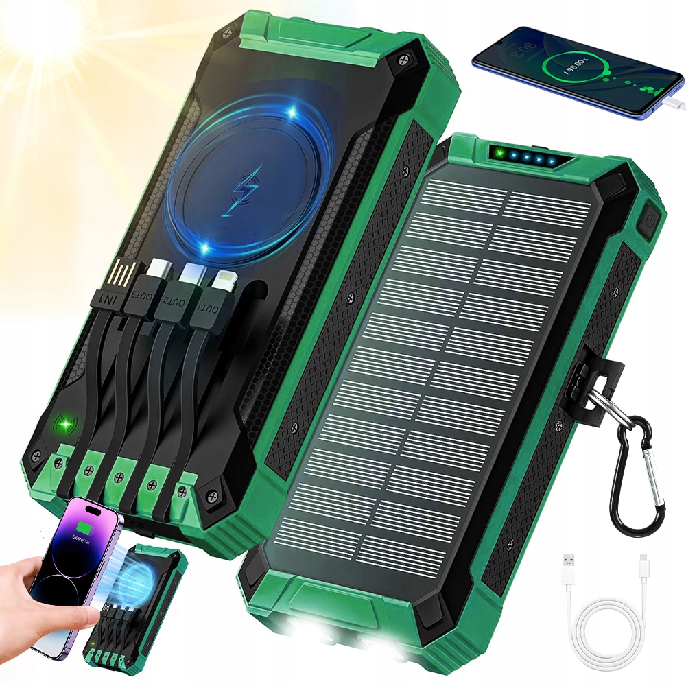 Solární Powerbanka 26800MAH Bezdrátové Nabíjení Indukční Led Svítilna