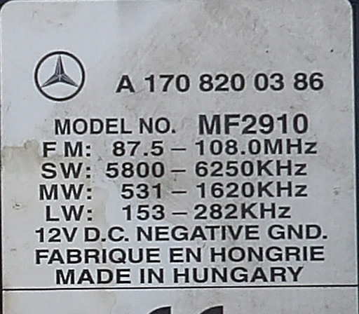 Mercedes W168 Autoradio Radio A1708200386 MF2910 A1708200386