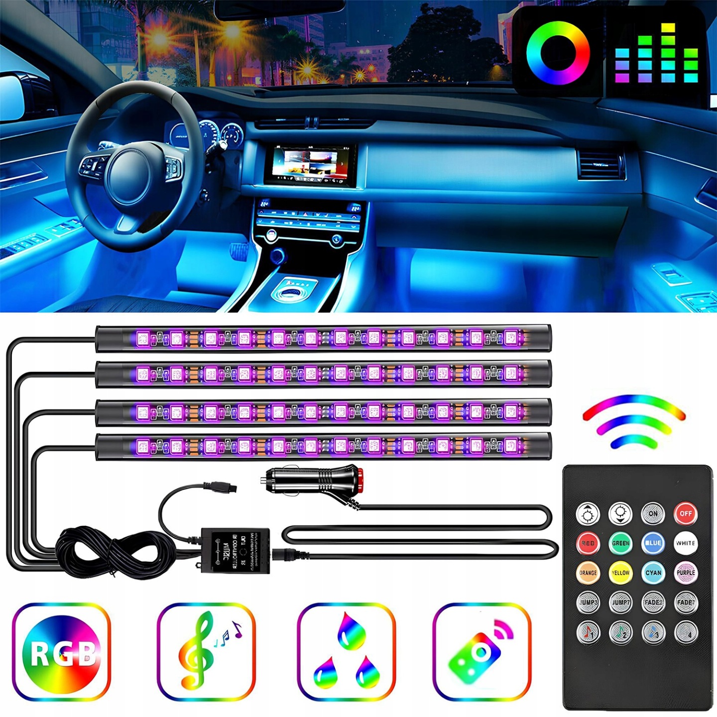 Освещение автомобили rgb лента лед  к автомобиля с пультом через usb к салон дешевле