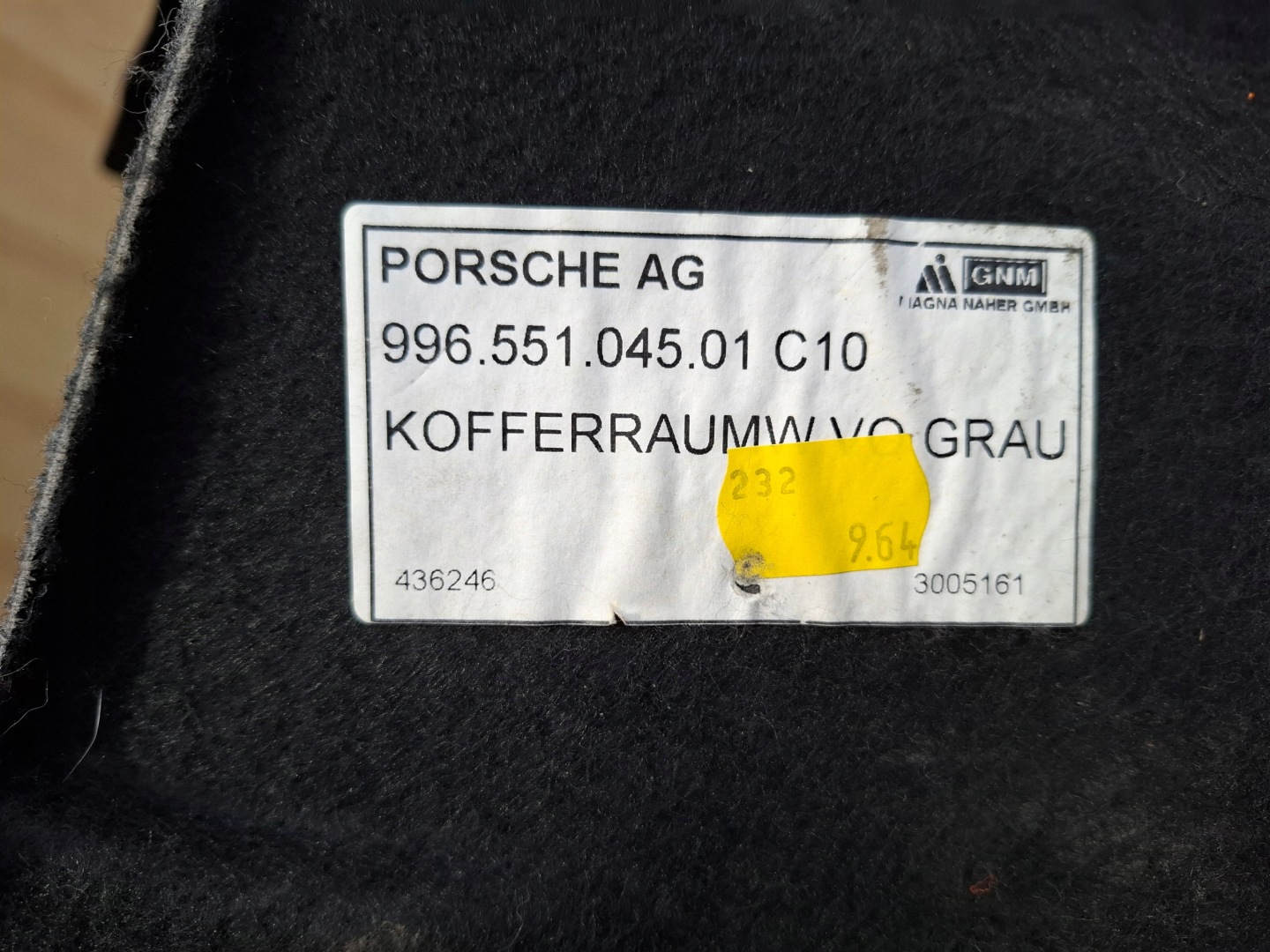 upholstery mats boot PORSCHE BOXSTER 986 99655104501