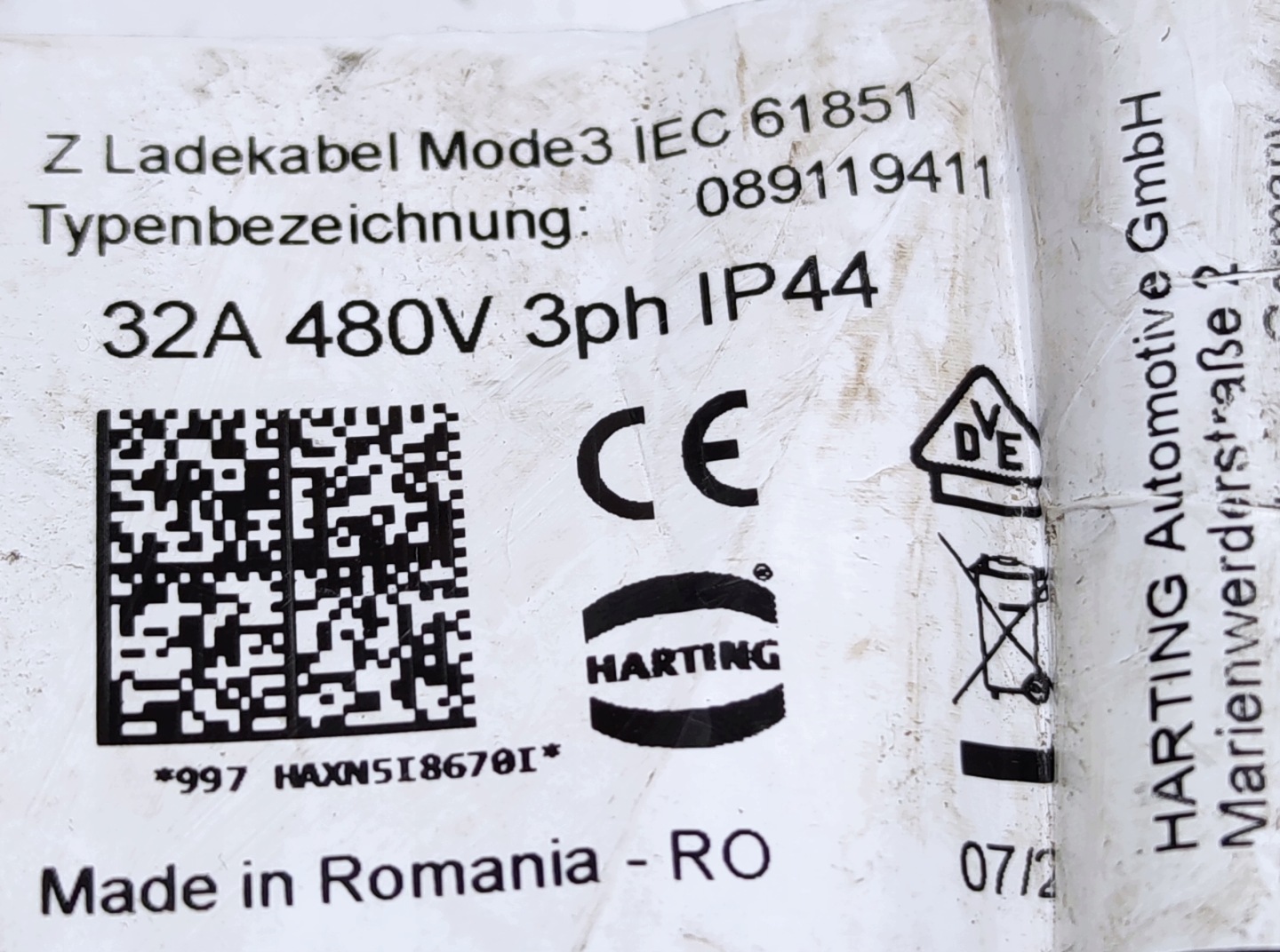 KABEL LADOWANIA Automobile EV PHEV TYP 2 32A 22KW HARTING 2015- 089119411