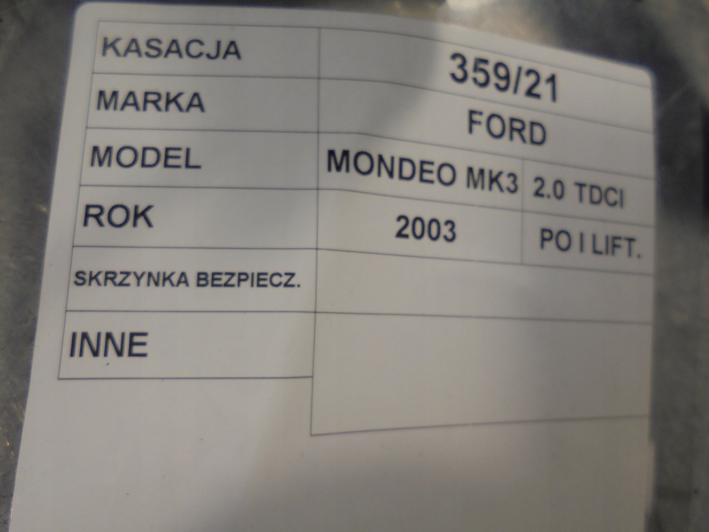compartment bezp. Ford Mondeo MK3 FL 4S7T-14A073-AA