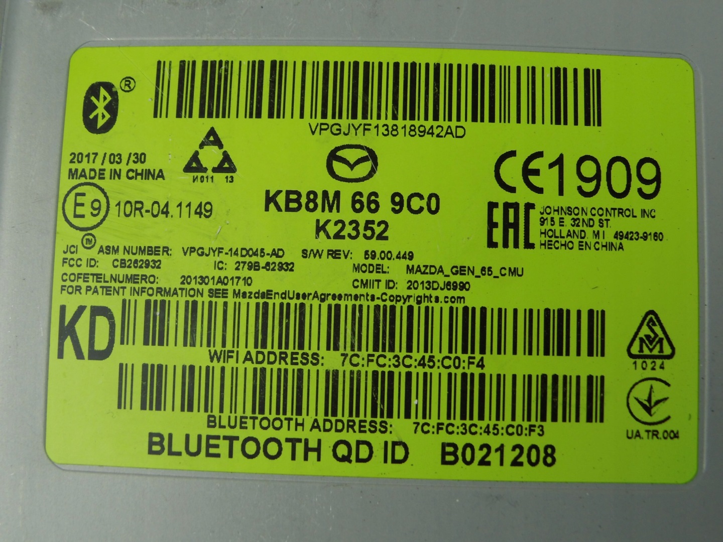 Mazda module control unit radia navigation devices KB8M669C0