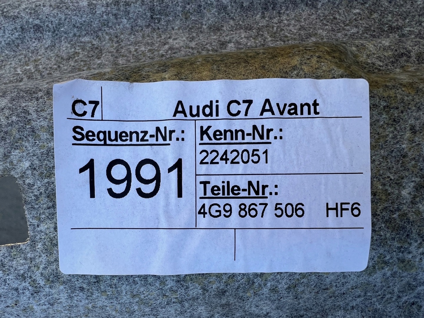 AUDI A6 C7 AVANT KOMBI CIELO INTERNO 4G9867506 HF6