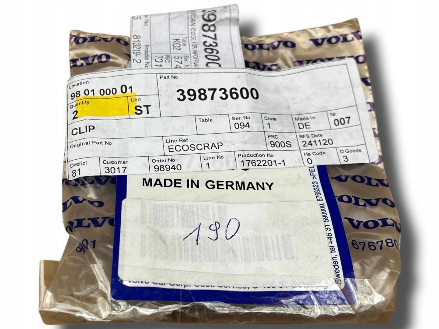 VOLVO spinka klips koleczek dywanika 39873600 OE !J