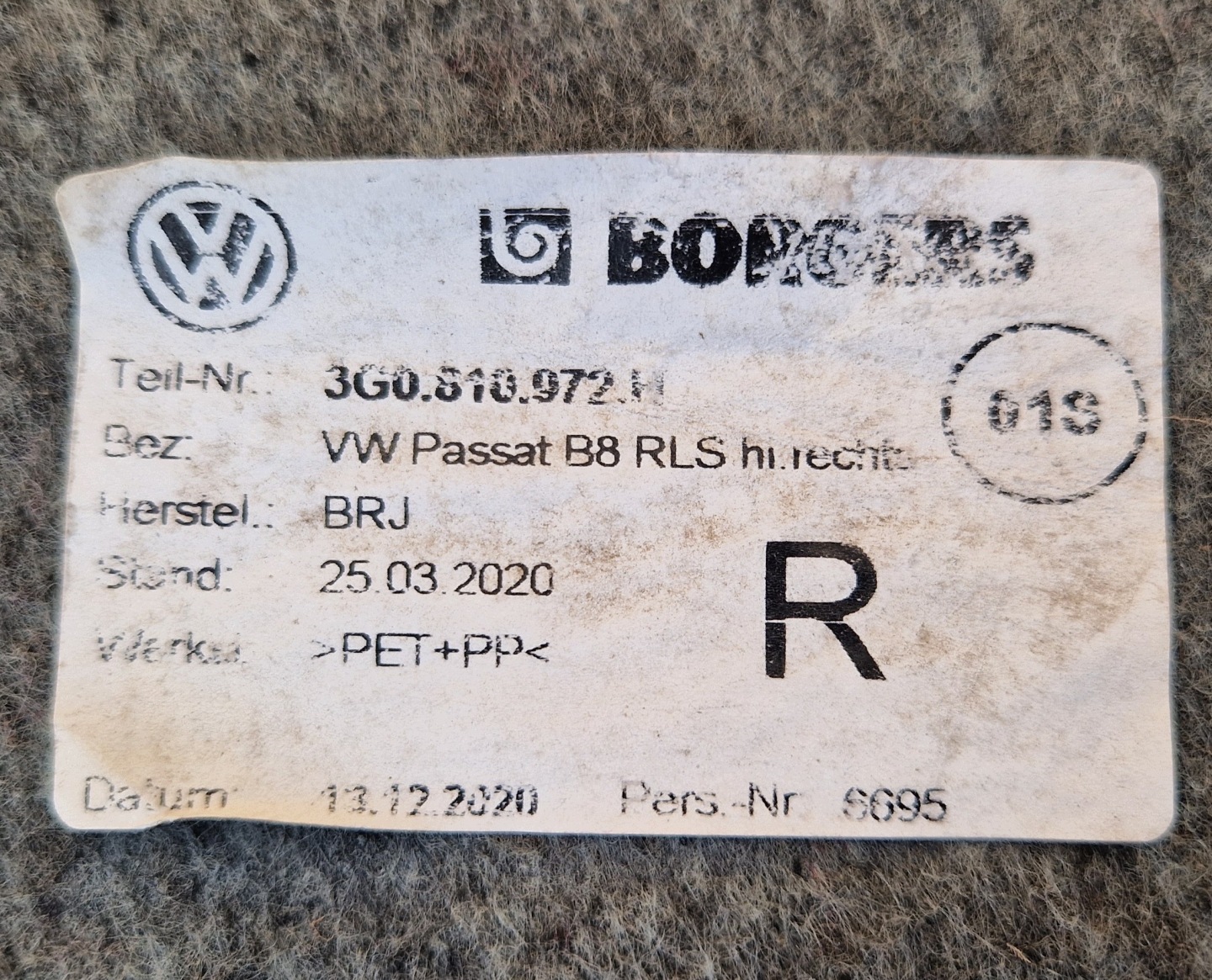 mudguard rear part right PASSAT B8 3G0810972H original