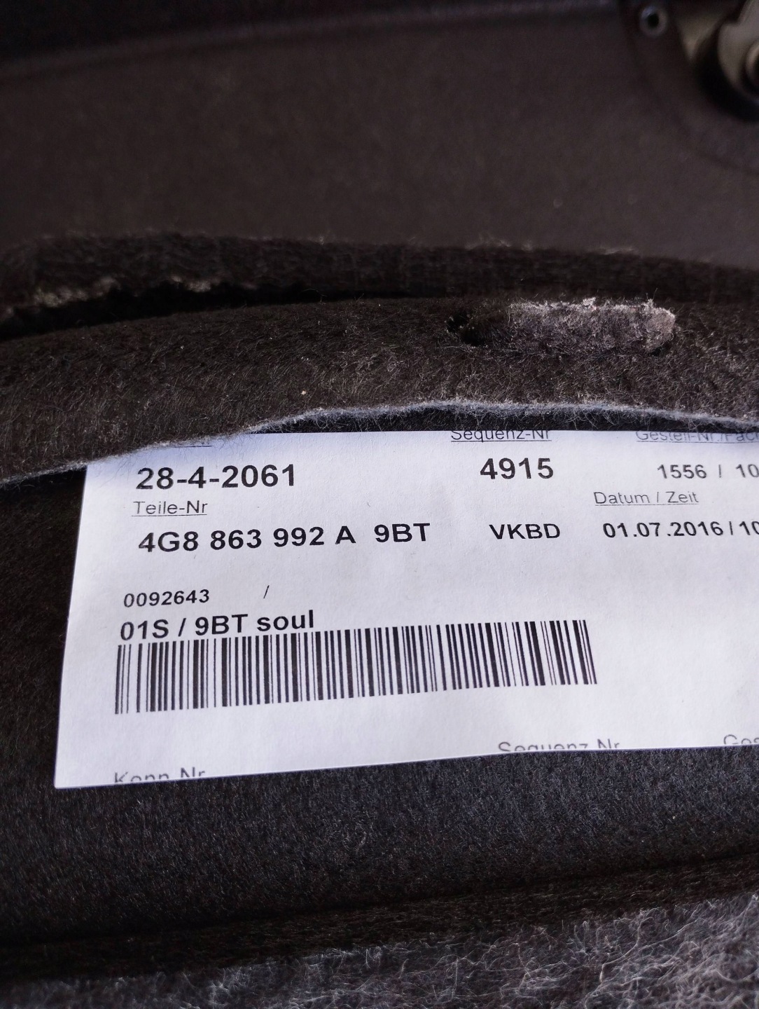 Audi A7 4G 2016 boot upholstery right rear part 4G8863992A