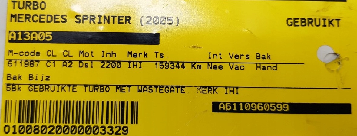turbo Mercedes Sprinter Vito 2,2 CDI A6110960599 010328129D