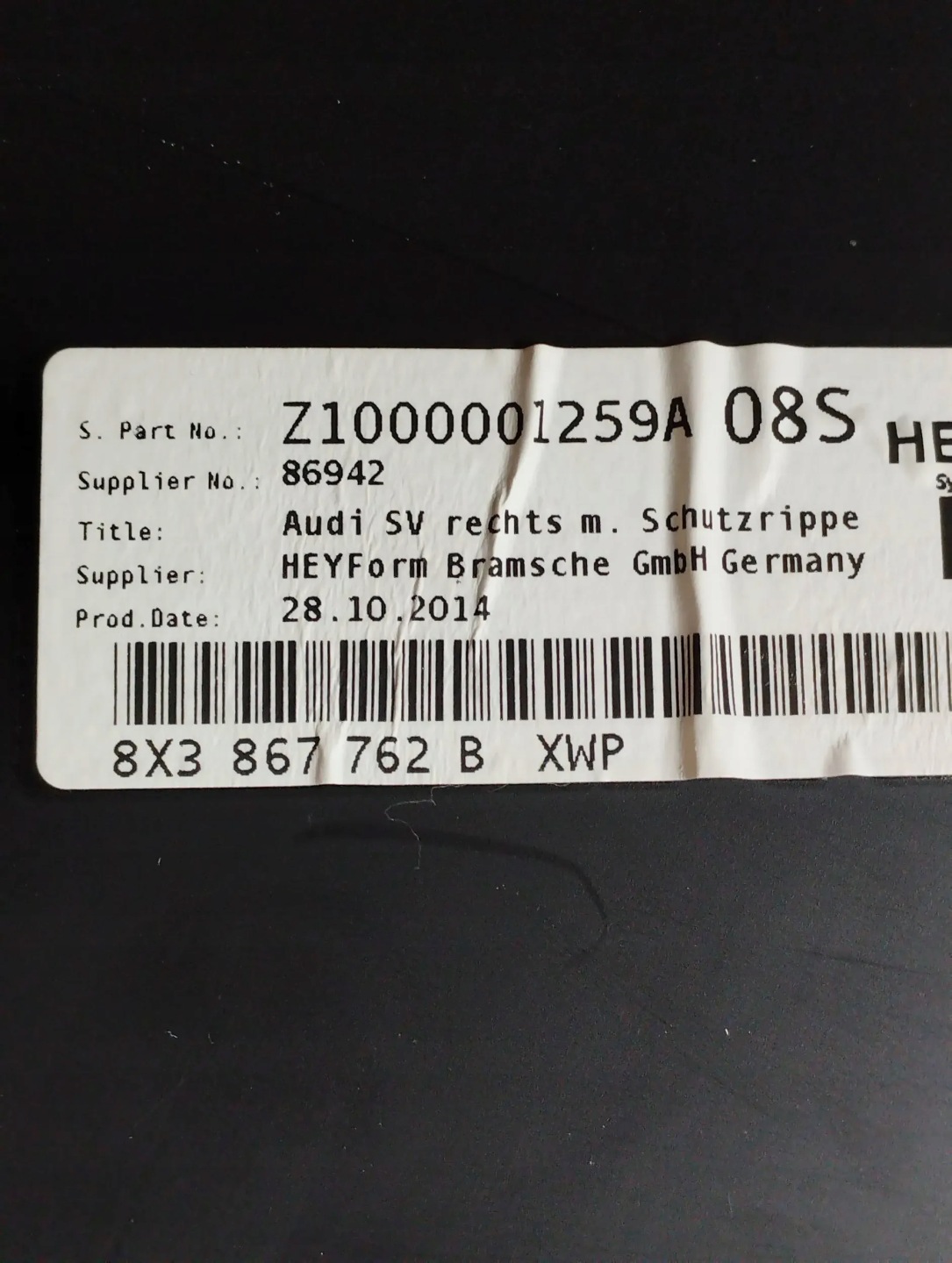 Audi A1 8X boot upholstery right 8X3867762B