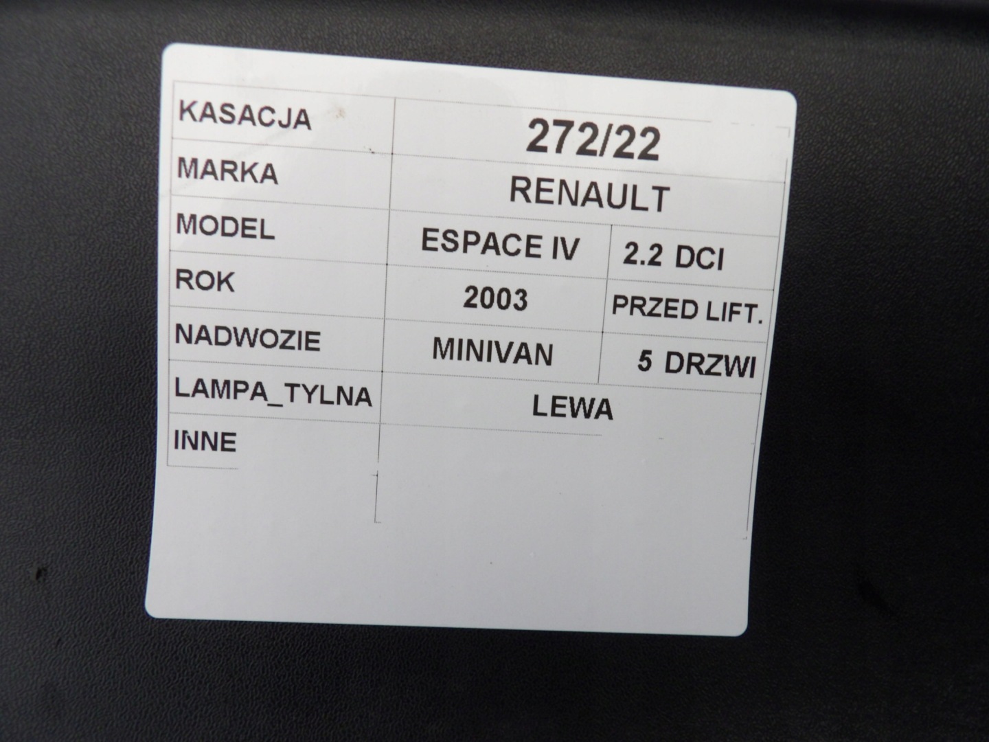 light rear left Renault Espace IV 8200027153