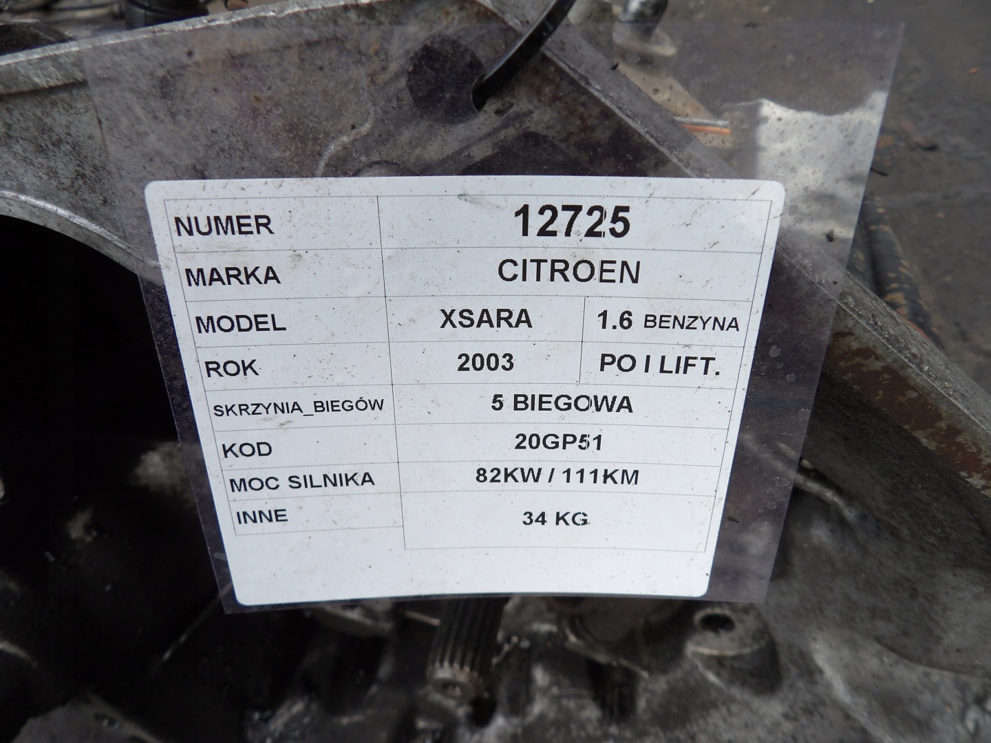 Citroen Xsara 1,6B 82KW 110KM CAMBIO 20CP51