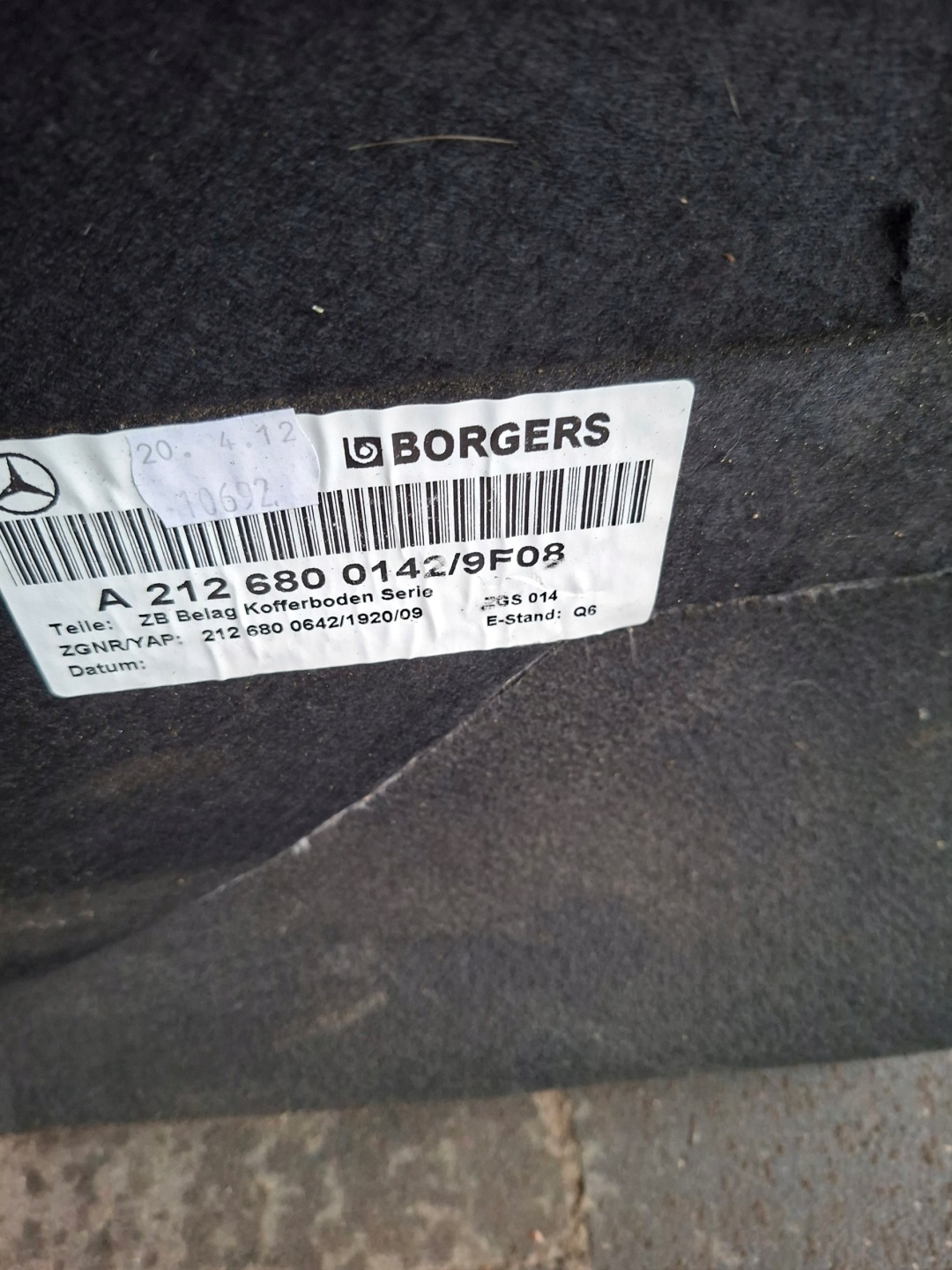 mats boot MERCEDES W212 sedan A2126800142