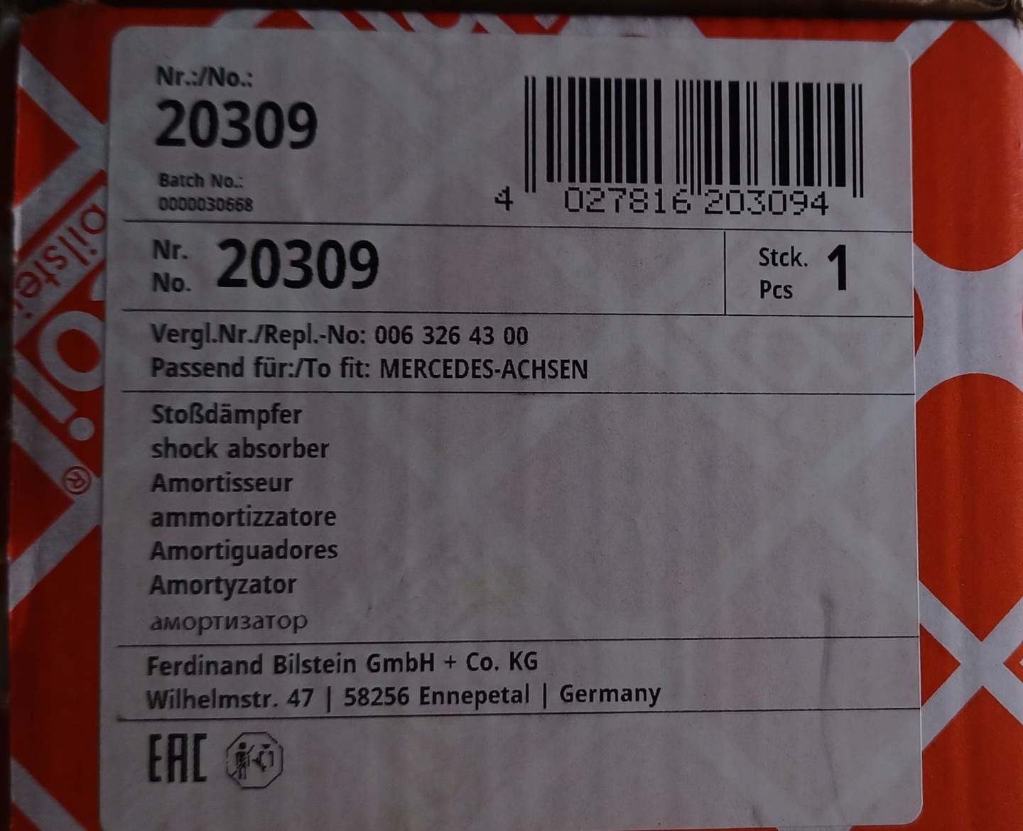amortizer FEBI 20309 MERCEDES A0063264300