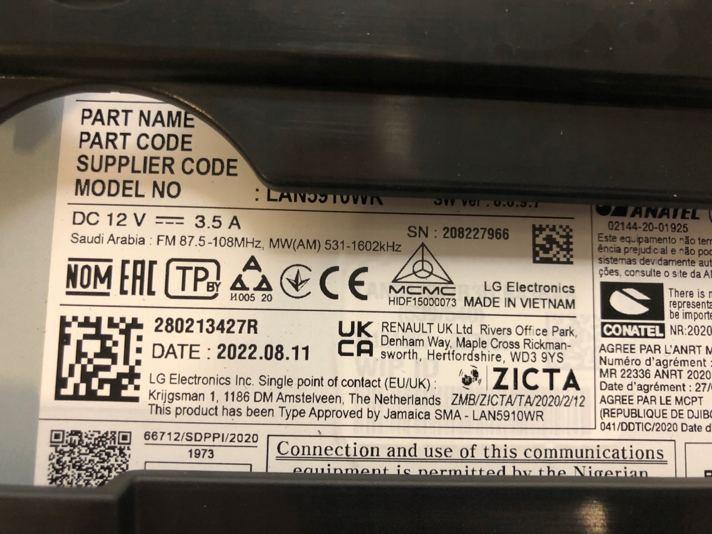 DACIA JOGGER SANDERO III RADIO EKRAN navigation display PANEL 280213427R