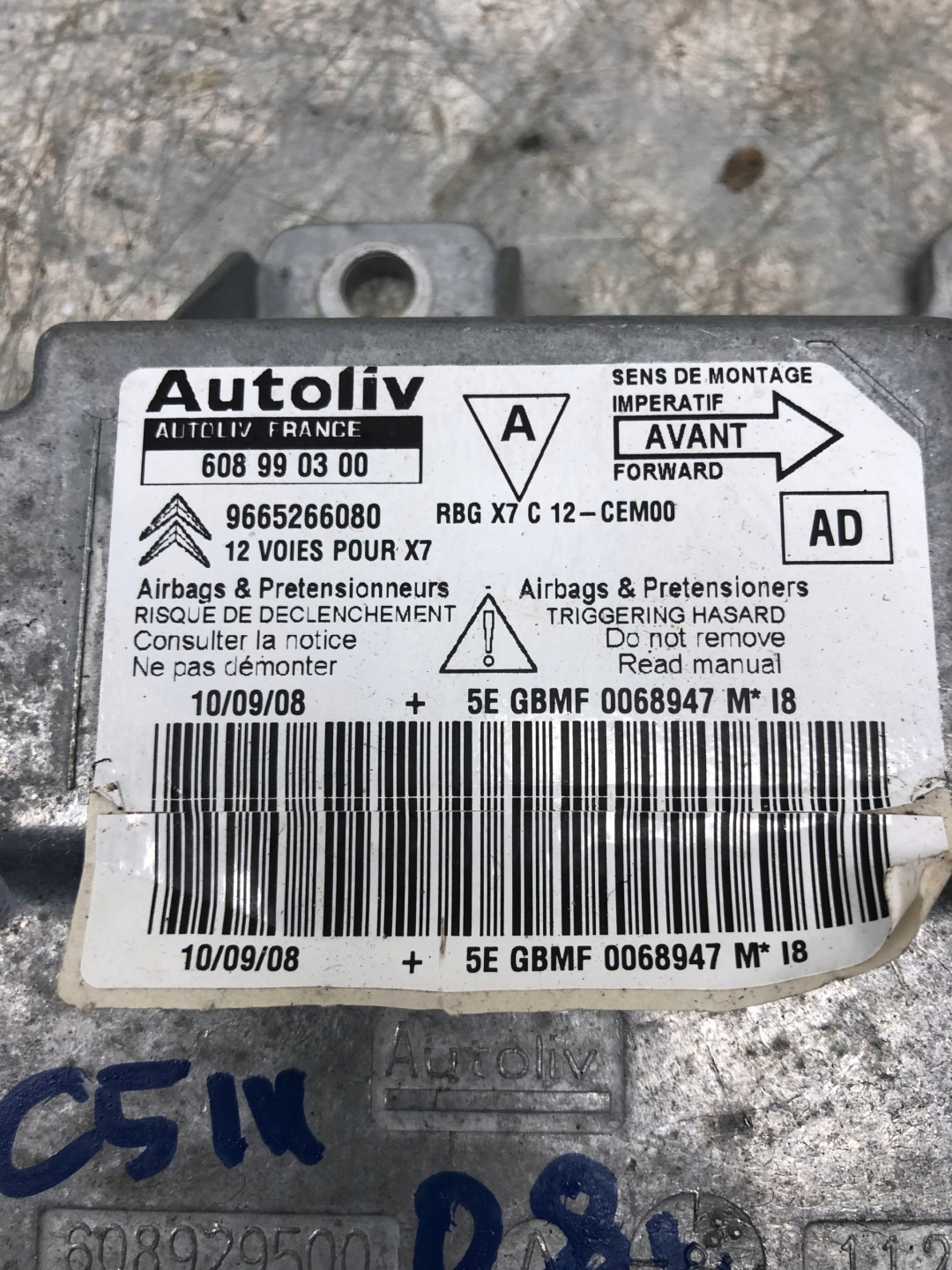 modulo SENSOR airbag CITROEN C5 III 9665266080
