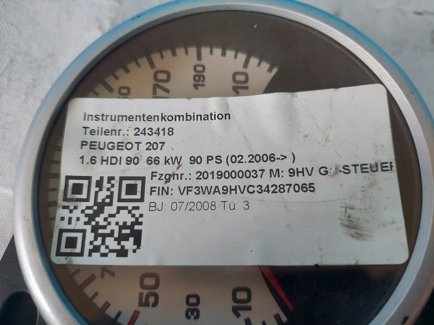 dials clock PEUGEOT 207 1.6 HDI 9662904780