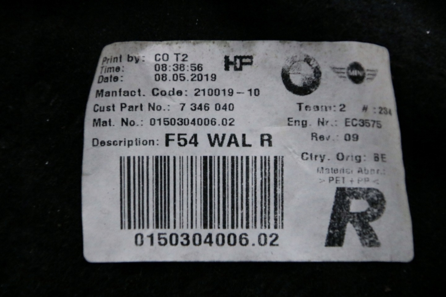 MINI F54 mudguard right rear part right rear. 7346040