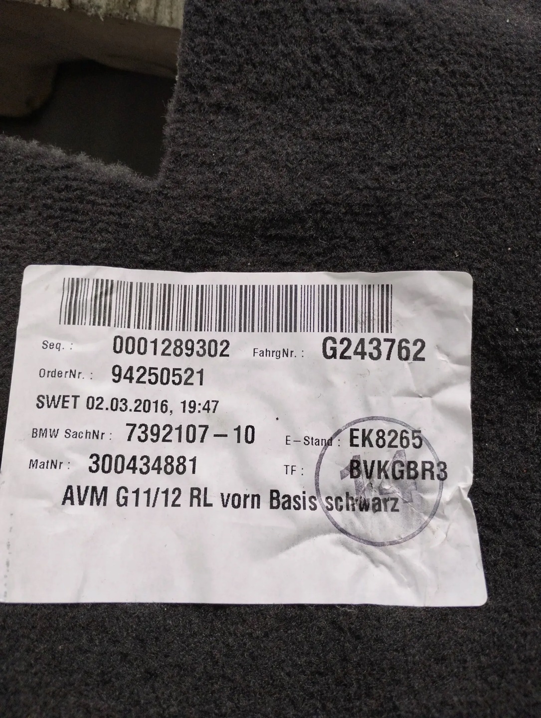 BMW 7 G11 AUTOTEPPICHE Matte Teppich 7392107