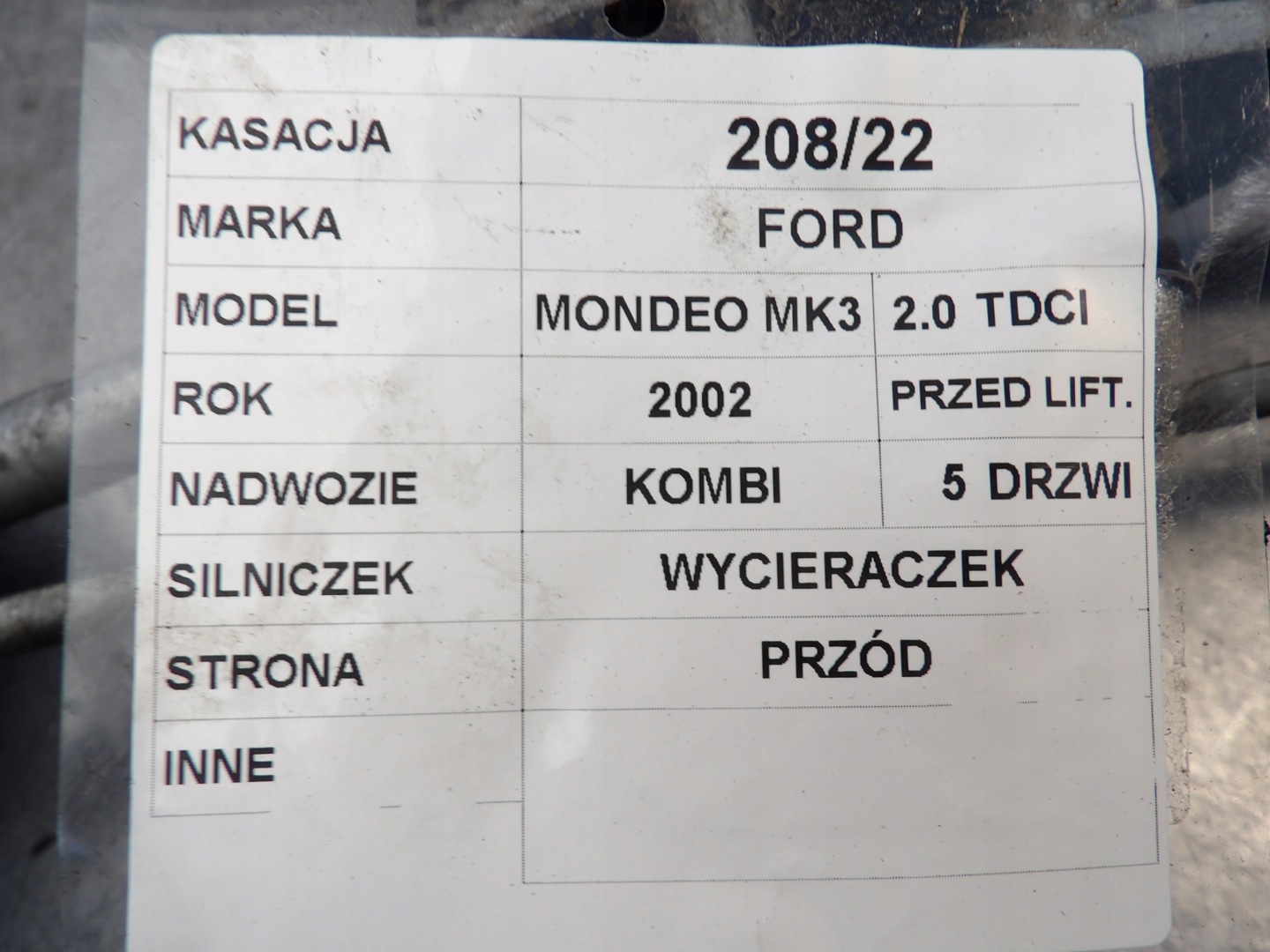 MÉCANISME WYCIER. AVANT FORD MONDEO MK3 0390241702