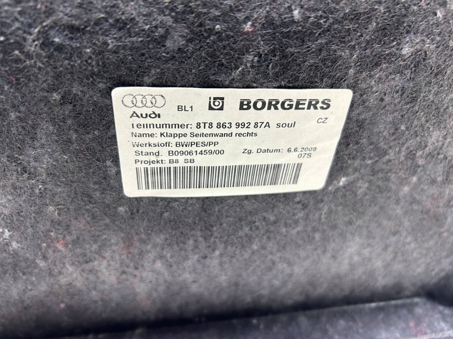 boot upholstery Audi A5 Sportback 8TA 2013 8T8863992
