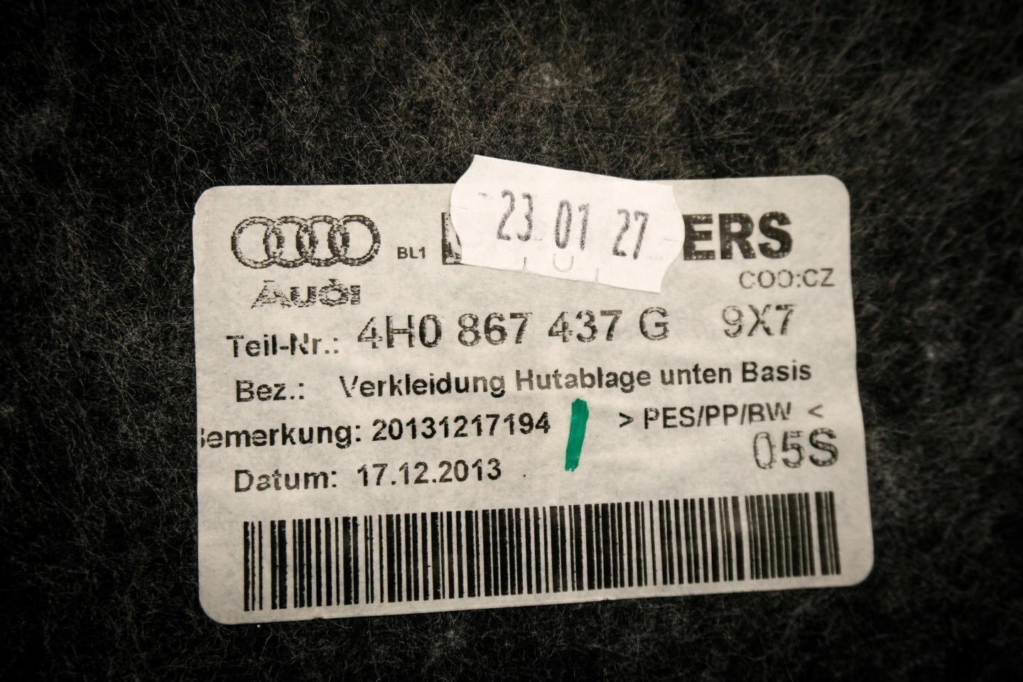 AUTOTEPPICHE hinten blachy Audi A8 S8 4H0867437G 9X7
