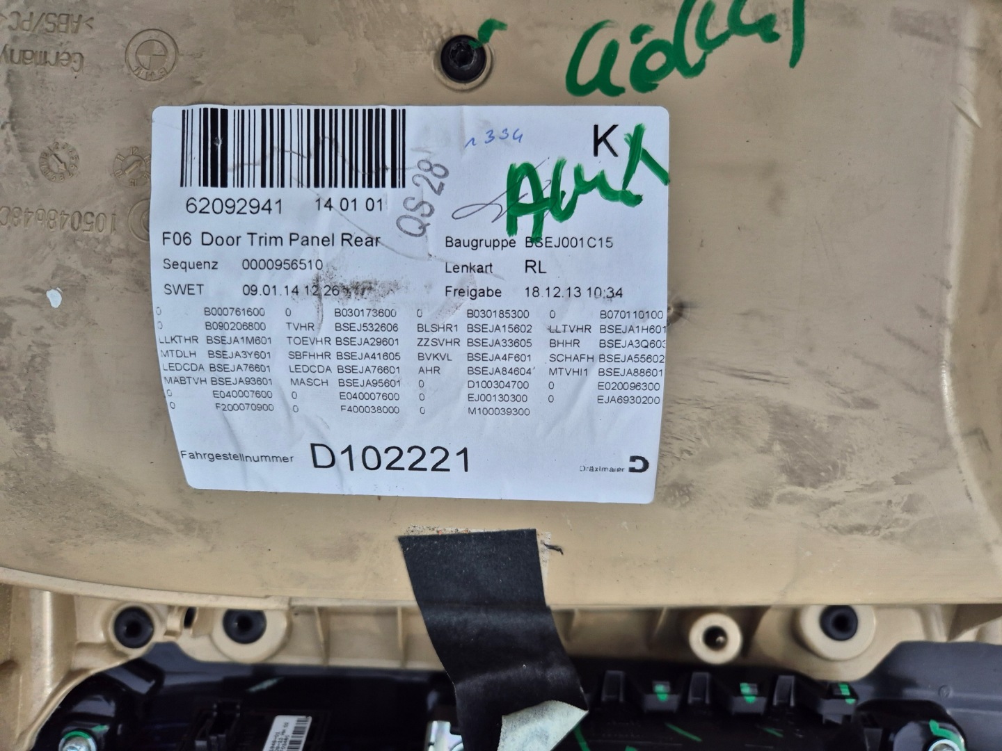 upholstery side door rear part right complete BMW F06 GRAN COUPE