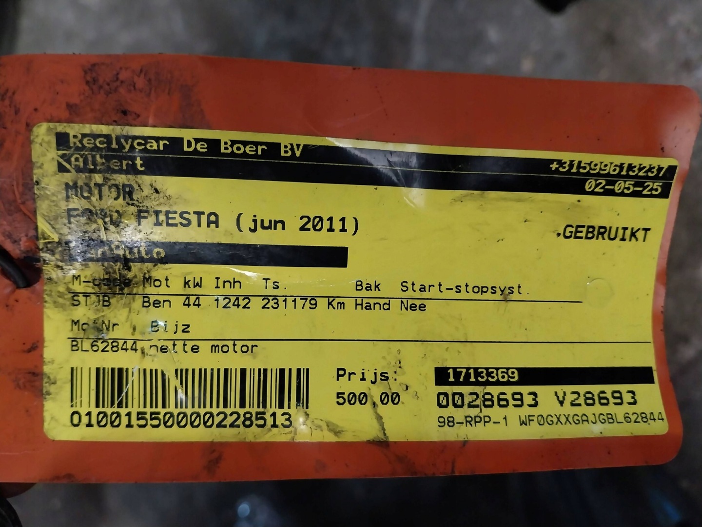 engine STJB FORD FIESTA MK7 1.25 16V unprotected pillar
