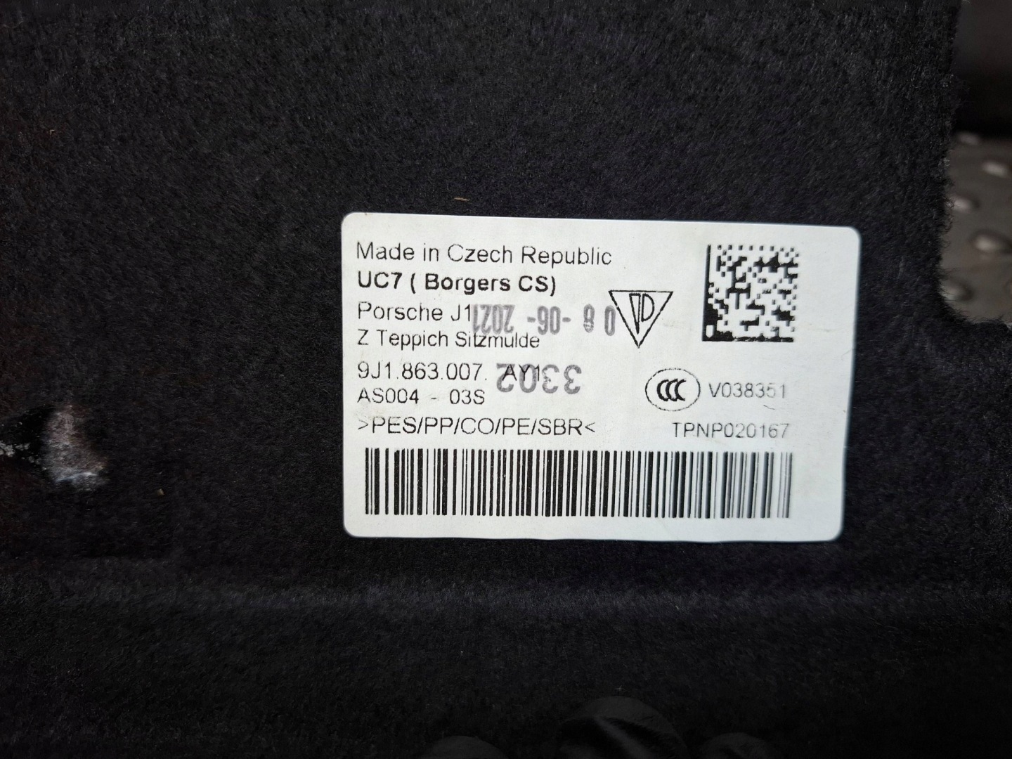 cover mats upholstery boot 9J1863007 AUDI E-TRON GT TAYCAN 9J1