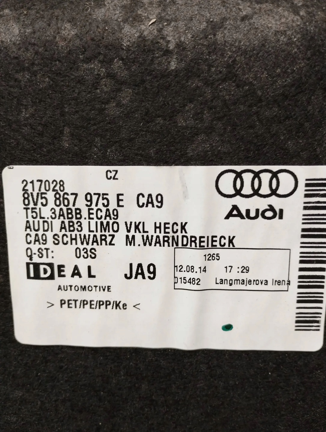 Audi A3 8V sedan upholstery bonnet rear part 8V5867975E