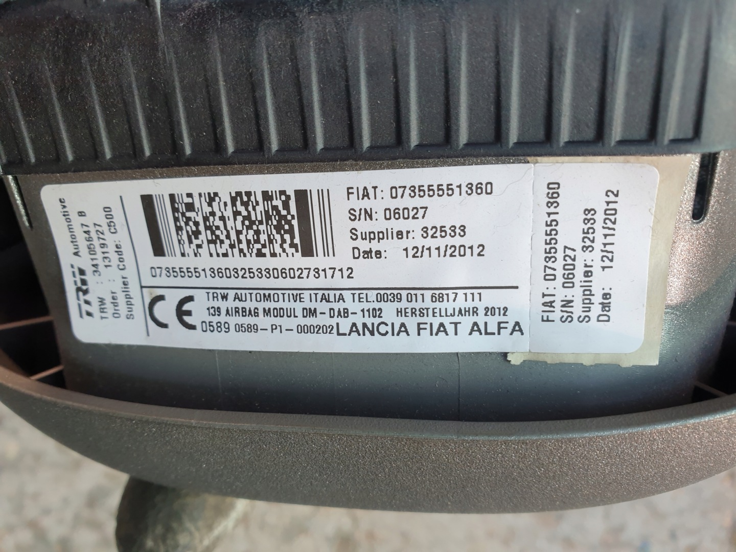 dashboard instrument panel airbags FIAT PANDA III 3 2012