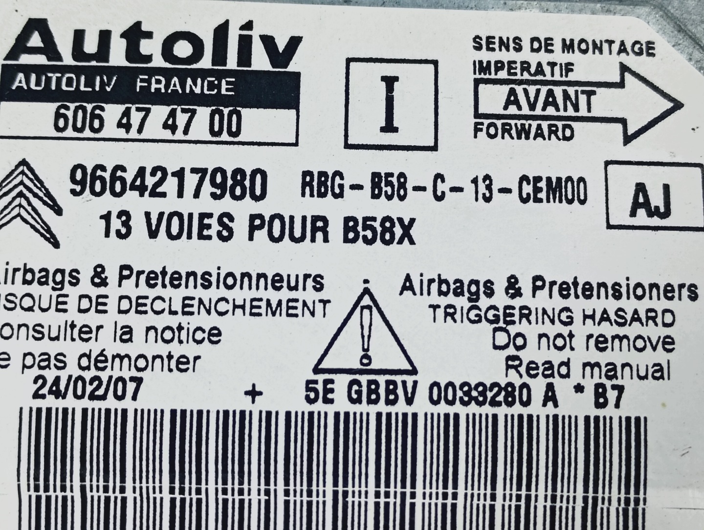 modulo SENSOR dell’airbag airbag Citroen C4 PICASSO 1 e 06-13 9664217980
