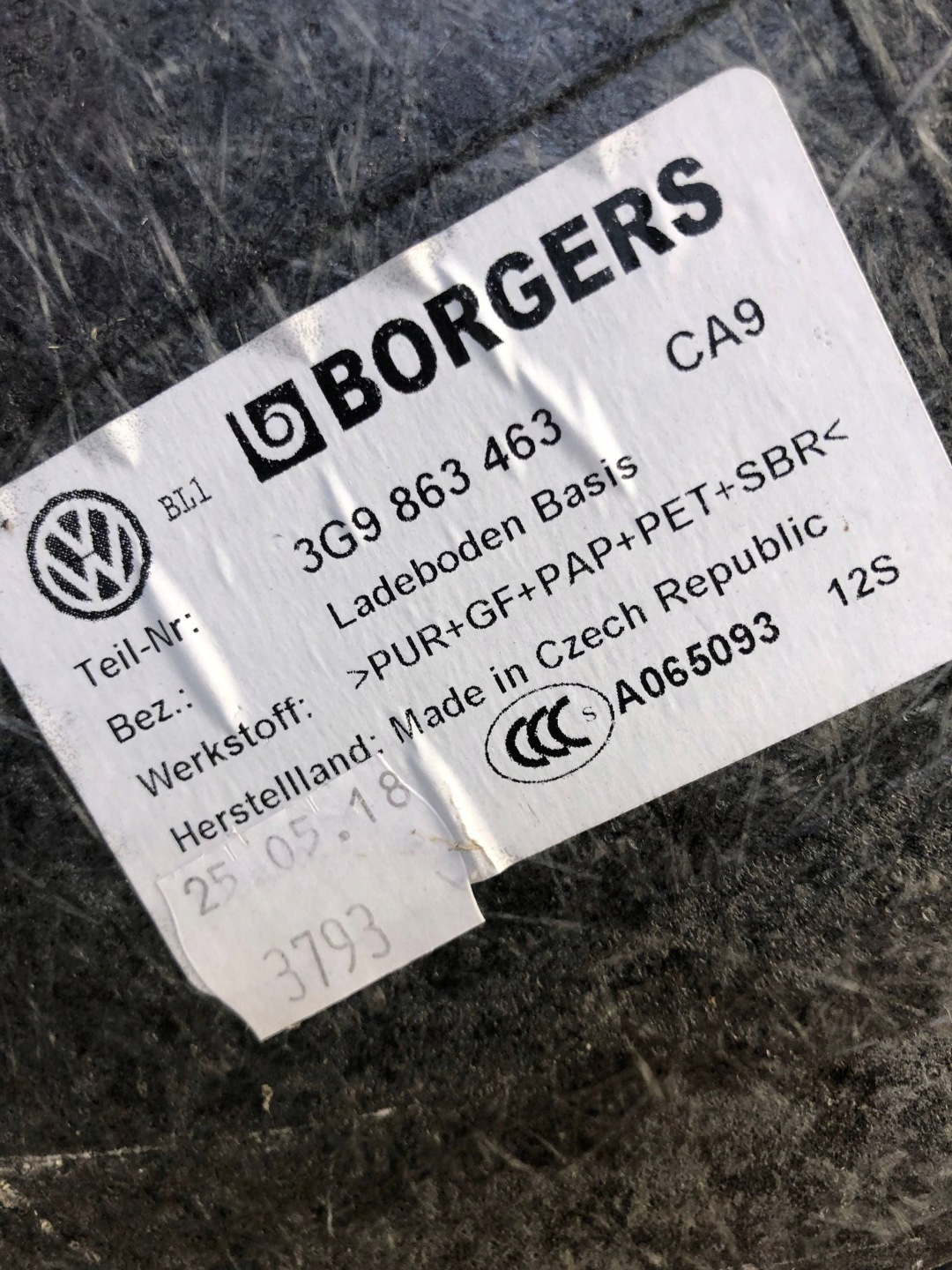 floor mats boot VW PASSAT B8 KOMBI 3G9863463