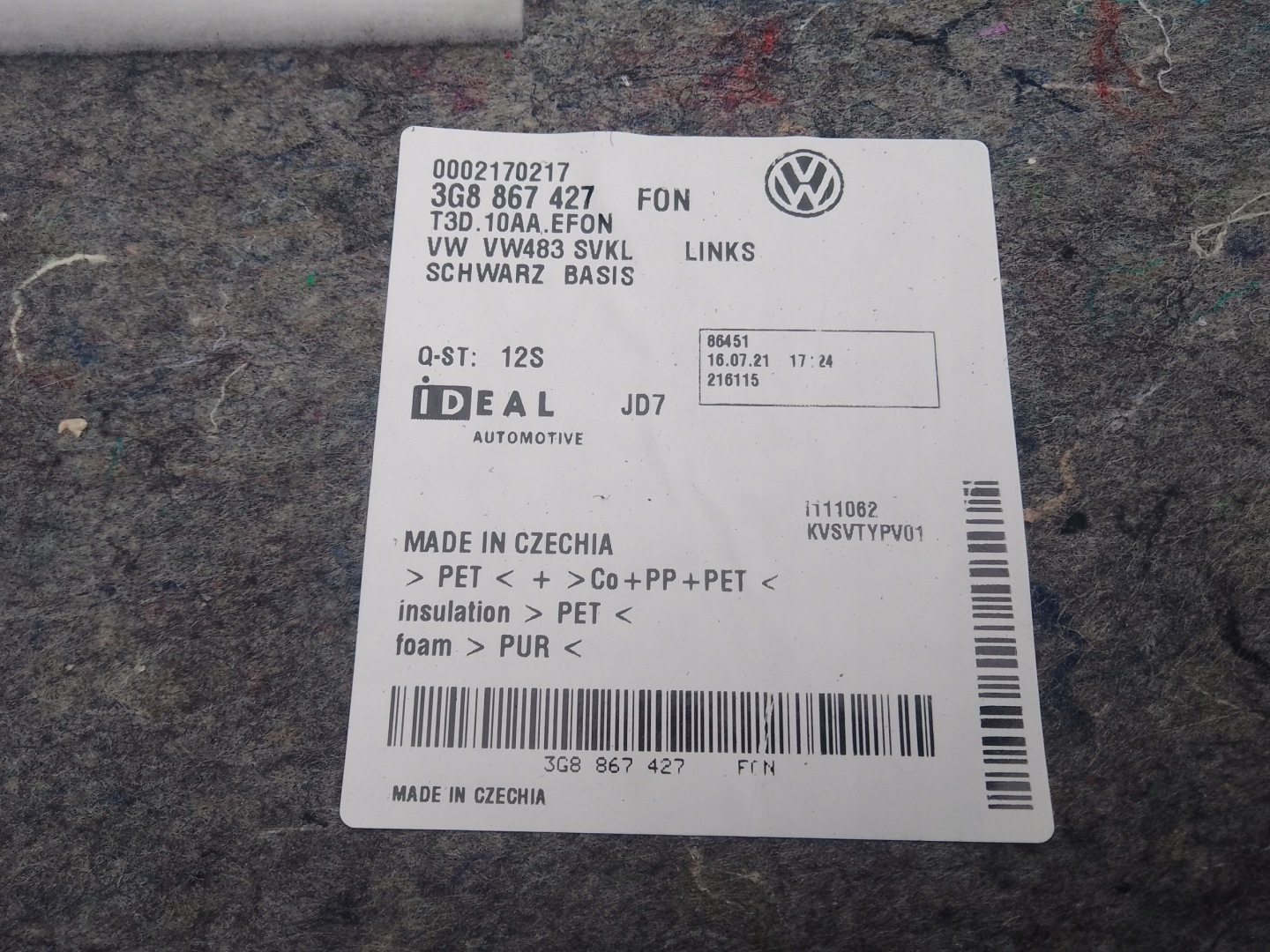 boot upholstery left rear part VW ARTEON 3G8867427